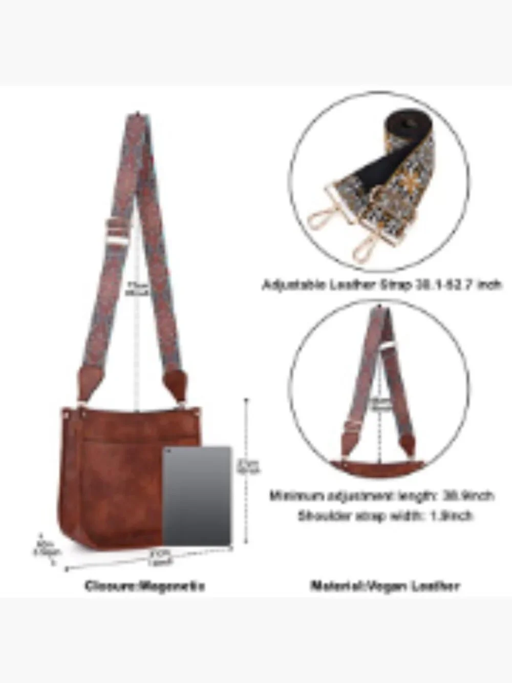 Women's Hobo Handbag Vegan Leather Crossbody with Adjustable Guitar Strap